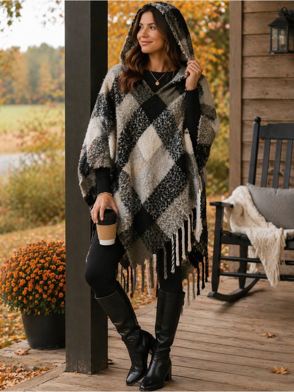 Coco + Carmen Textured Hooded Poncho Cape Black Gray | One Size